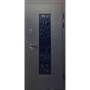 Вхідні двері вуличного типу серія Тріо модель Р-6 ковка+склопакет, RAL 8019/спил попелястий